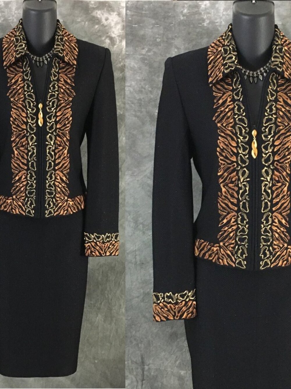 BEAUTIFUL St John collection knit black shimmer multi jacket skirt suit size 2